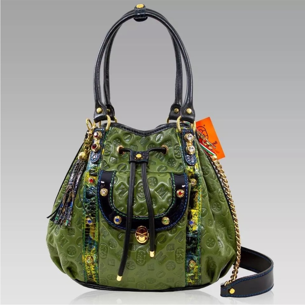 Marino Orlandi Italian Designer Watercress Quilted Leather Bucket Bag Purse